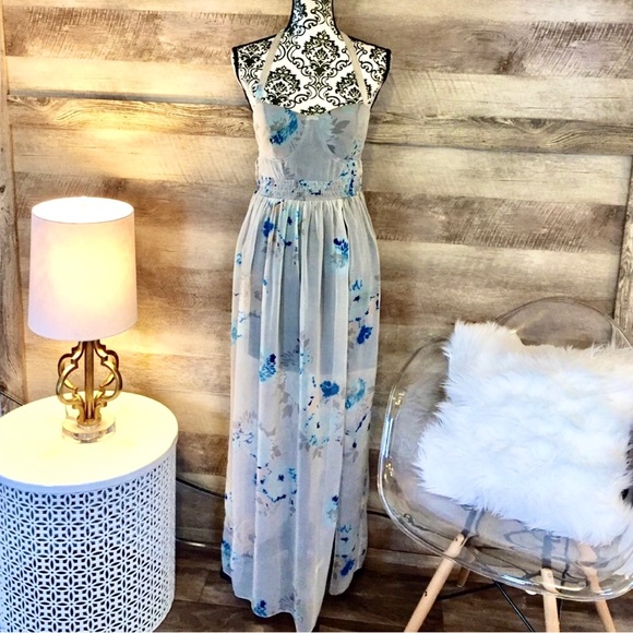 None Dresses & Skirts - Grey Sheer Floral Maxi Dress w/Side Slits